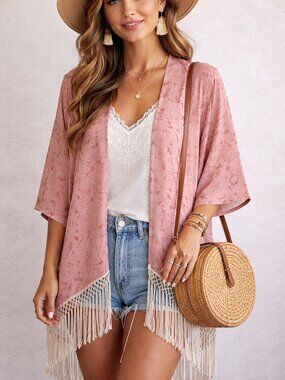 Dolce Bonita Floral Fringe Kimono Boho Duster Feminine Delicate Size S NWT